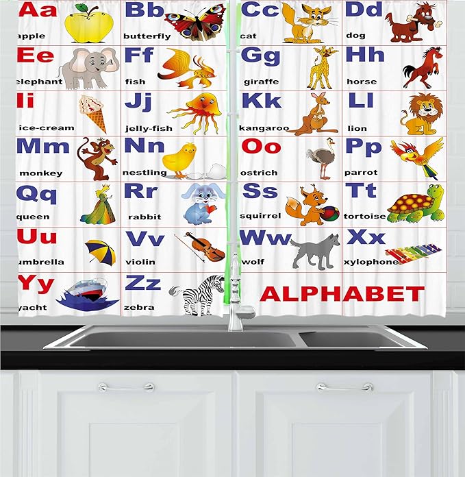 Ambesonne Cartoon Kitchen Curtains, Animals Placed on Letter The Alphabet Chart Themed Illustration Colorful Print, Window Drapes 2 Panel Set for Kitchen Cafe Decor, 55" x 24", Indigo Red