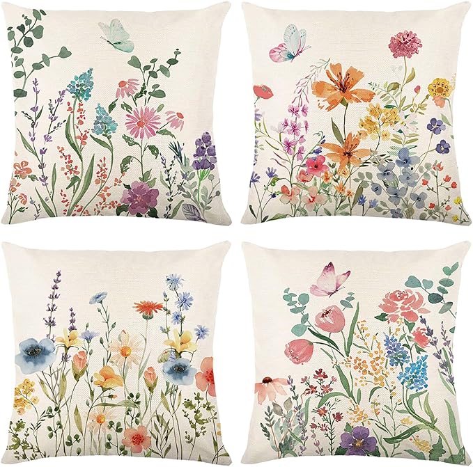 Spring Decorations for Home - Spring Pillow Covers 18x18, Outdoor Pillow Covers Spring Farmhouse Throw Pillow Cover Garden Linen Cushion Case for Home Decor