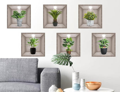 6PCS Creative 3D Green Plants Wall Decals Tropical Plant Potted Wall Sticker Nature Vinyl DIY Removable Peel and Stick Wallpaper for Womens Kids Bedroom Kitchen Background Nursery Office Decor 39091AB