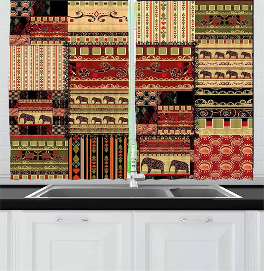 Ambesonne African Kitchen Curtains, Patchwork Style Pattern withand Cultural Motifs Print, Window Drapes 2 Panel Set for Kitchen Cafe Decor, 55" x 39", Red Green