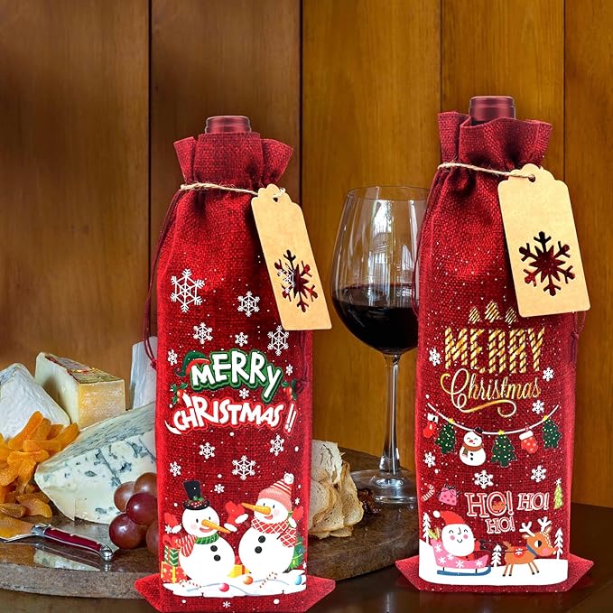 16 Pcs Christmas Burlap Wine Bags Christmas Wine Gift Bags - Wine Bottle Bags with Drawstring & Tag Rope, Reusable Xmas Wine Bottle Covers for Xmas, Wedding, Birthday, Holiday Party, Table Dinner