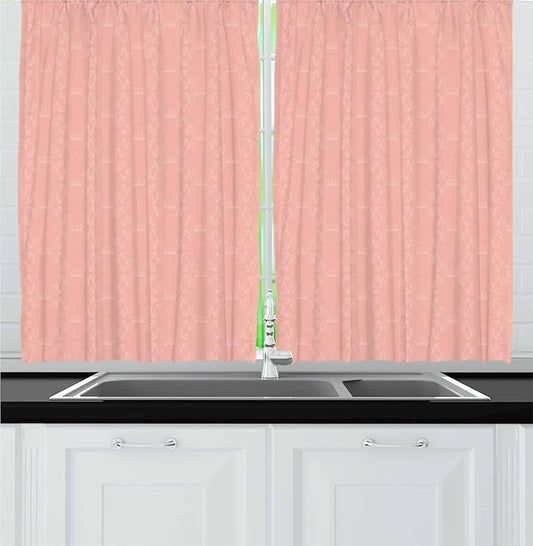 Ambesonne Peach Kitchen Curtains, Soft Colored Background with Crowns and Floral Abstract Motifs with Faded Look Monochrome, Window Drapes 2 Panel Set for Kitchen Cafe Decor, 55" x 30", Coral