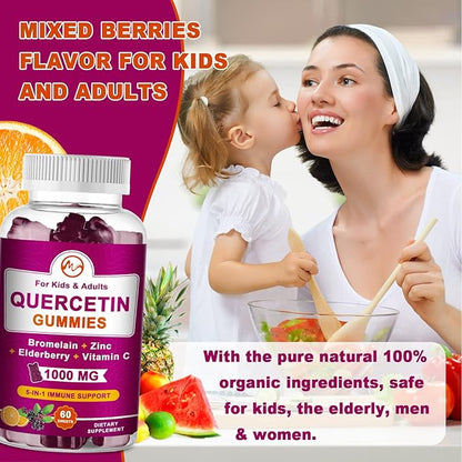 (2 Pack) Quercetin Gummies with Bromelain, Elderberry, Zinc and Vitamin C - Chewable Quercetin 1000 mg Supplement for Immunity, Cardiovascular, Allergy, Aging Support - Vegan Gummies for Adult & Kid