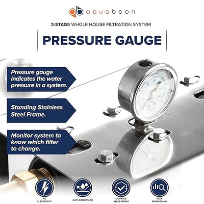 Aquaboon 3-Stage Whole House Water Filter System - Freestanding Stainless-Steel Bracket w/Pressure Gauges - Home Water Filtration System with 20x4,5" Sediment, Activated Carbon Block, KDF Water Filter