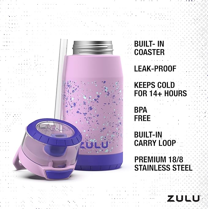 Zulu Kids Flex 12oz Tritan Stainless Steel Insulated Water Bottle with Silicone Spout, Leak-Proof Locking Flip Lid and Soft Touch Carry Loop for School Backpack, Lunchbox, and Outdoor Sports, Pink