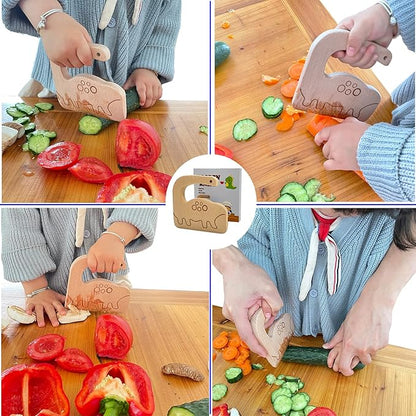 Wooden Kids Knife for Cooking, Toddler Safe Knife for Cutting Vegetable Fruit, Cute Dinosaur Shape Kids Kitchen Tools- Kids Chef Knife with Original Wood, No Paint