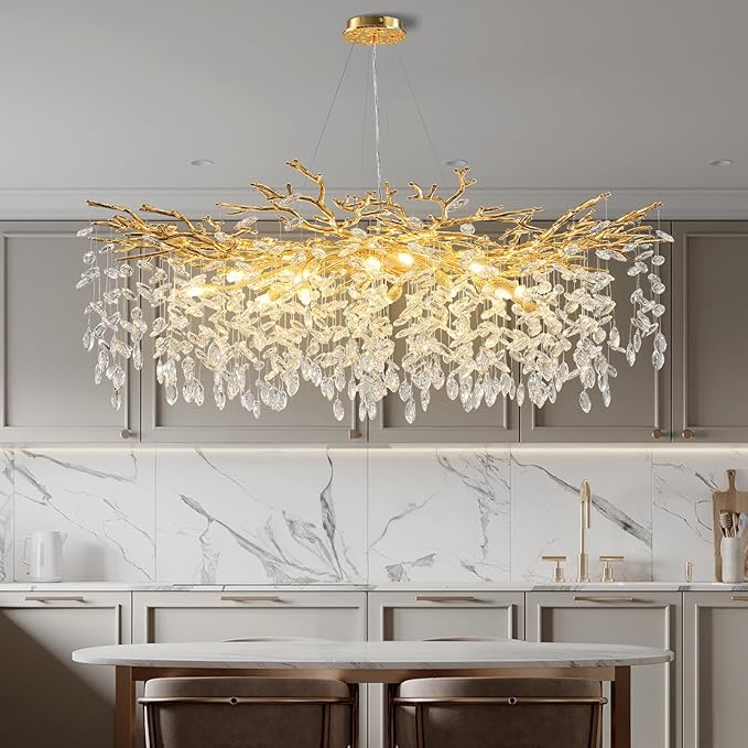 YUYI Modern Crystal Chandeliers for Dining Room,Gold Tree Branches Chandelier Lighting,Round Luxury Raindrop High Ceiling Chandelier Light Fixture Hanging Pendant Light Fixtures(47.2 inch)