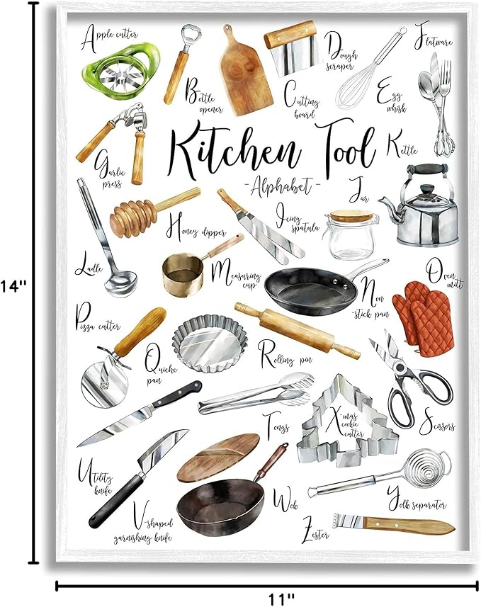 Stupell Industries Kitchen Tool Alphabet Cooking Accessory ABC Chart, Designed by Ziwei Li White Framed Wall Art, 11 x 14, Multi-Color