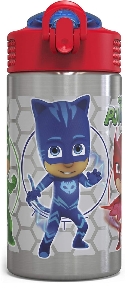 Zak Designs PJ Masks 15.5oz Stainless Steel Kids Water Bottle with Flip-up Straw Spout - BPA Free Durable Design, PJ Masks SS, Catboy, Owlette & Gekko, Single Wall