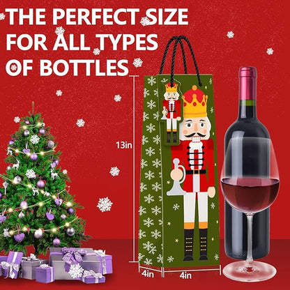 Whaline 12Pcs Christmas Wine Bottle Gift Bags Christmas Nutcracker Bottle Bag with Name Tag Xmas Paper Wine Bag with Handle for Winter Wedding Party Favor Hostess Gift Home Table Decoration