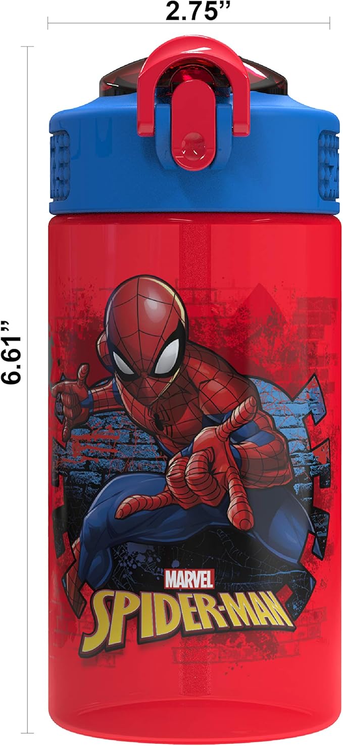 Zak Designs Marvel SpiderMan Kids Spout Cover and Built-in Carrying Loop Made of Plastic, Leak-Proof Water Bottle Design (BPA-Free), Red, 16oz