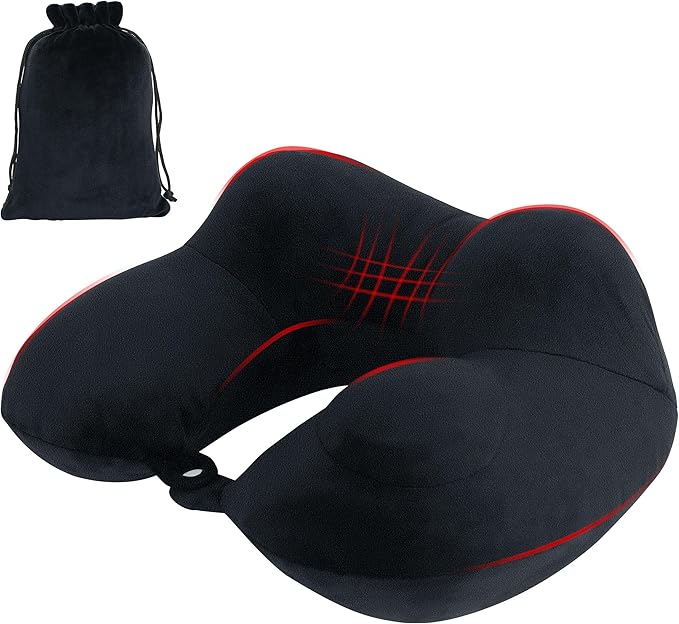 Neck Pillow, Inflatable Travel Pillow, Soft & Support Travel Essentials for Airplane/Car/Office&Home Rest Use, Comfortable & Breathable Machine Washable Cover with Storage Bag (Black)