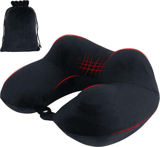 Neck Pillow, Inflatable Travel Pillow, Soft & Support Travel Essentials for Airplane/Car/Office&Home Rest Use, Comfortable & Breathable Machine Washable Cover with Storage Bag (Black)