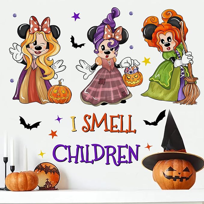 Mfault Halloween I Smell Children Wall Decals Stickers, Hocus Pocus Cartoon Mouse Sanderson Sisters Witches Decorations Bedroom Art, Jack O Lantern Pumpkin Bat Funny Holiday Home Kitchen Decor