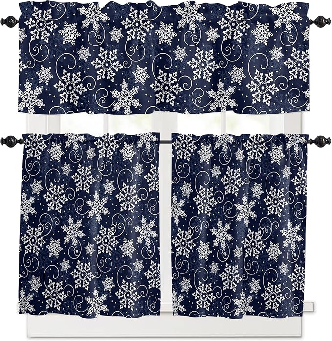 Vandarllin Christmas Kitchen Curtains and Valances Set, White Navy Snowflakes Pattern Windows Treatments Tiers Half/Short Curtains for Small Windows Cafe/Living Room/Bedroom 54x24 in Winter