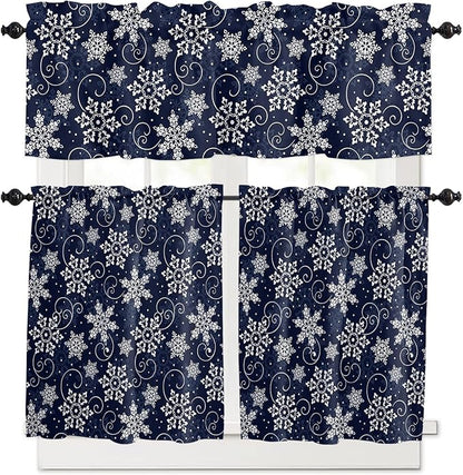 Vandarllin Christmas Kitchen Curtains and Valances Set, White Navy Snowflakes Pattern Windows Treatments Tiers Half/Short Curtains for Small Windows Cafe/Living Room/Bedroom 54x24 in Winter