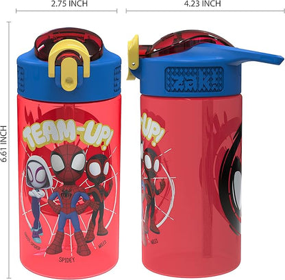 Zak Designs Marvel Spider-Man Kids Water Bottle with Spout Cover and Carrying Loop, Durable Plastic, Leak-Proof Design for Travel (16 oz, 2-Pack, Spidey and His Amazing Friends)