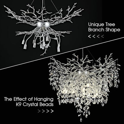 40 inch Crystal Chandelier for Dining Room, Round Silver Tree Branches Chandeliers, Top K9 Crystal Chandelier, Modern Chandeliers for Kitchen,Foyer Entryway,Luxury Adjustable Hanging Chandelier