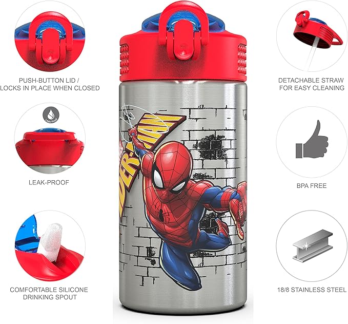 Zak Designs Stainless Steel One Hand Operation Lid and Built-in Carrying Loop Water Bottle with Straw Spout is Perfect for Kids (15.5 oz, BPA Free), 1 Count (Pack of 1), Spiderman