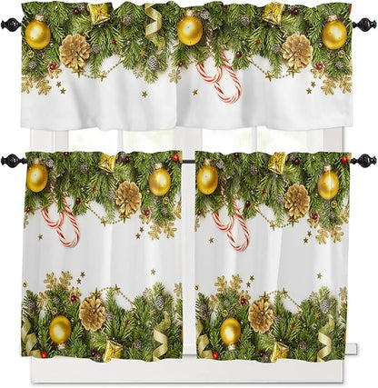 Vandarllin Christmas Kitchen Curtains and Valances Set, Pine Cones Window Treatments Tiers Golden Ornament Balls Semi Sheer Half/Short Curtains for Small Windows Cafe/Living Room/Bedroom 54x24 in