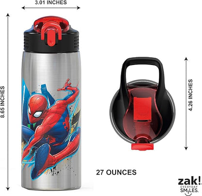 Zak Designs 27oz Marvel 18/8 Single Wall Stainless Steel Water Bottle with Flip-up Straw and Locking Spout Cover, Durable Cup for Sports or Travel (27oz, Spider-Man)