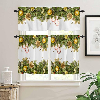 Vandarllin Christmas Kitchen Curtains and Valances Set, Pine Cones Window Treatments Tiers Golden Ornament Balls Semi Sheer Half/Short Curtains for Small Windows Cafe/Living Room/Bedroom 54x24 in