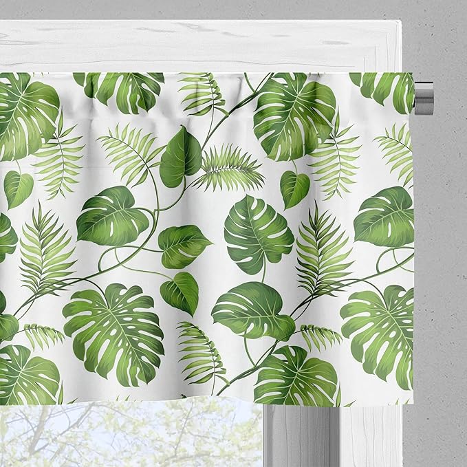 Ambesonne Leaf Valance & Tier Curtain 3 pcs Set, Brazilian Rainforest Foliage Nature Ivy Swirls Palm Banana Trees Leaves Art Print, Window Treatments for Kitchen Room Decor, 55" x 24", Fern Green