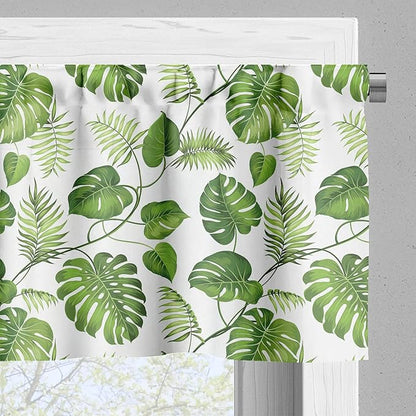 Ambesonne Leaf Valance & Tier Curtain 3 pcs Set, Brazilian Rainforest Foliage Nature Ivy Swirls Palm Banana Trees Leaves Art Print, Window Treatments for Kitchen Room Decor, 55" x 30", Fern Green