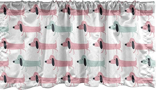 Ambesonne Dachshund Window Valance, Pattern with Funny Cartoon Sausage Dogs, Curtain Valance for Kitchen Bedroom Decor with Rod Pocket, 54" X 12", Seafoam Pink