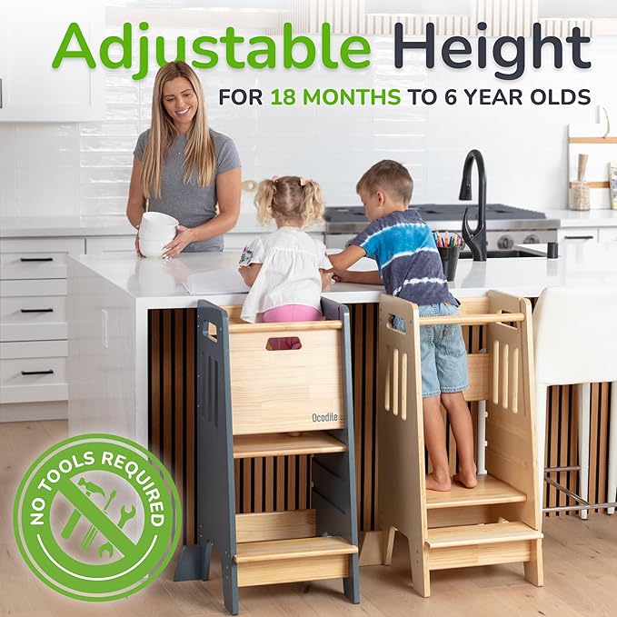 Toddler Tower with a Sliding Door and 3 Adjustable Heights - Complete Toddler Kitchen Stool Helper with Support Feet - Safe Design for 18+ Months to 6-Year-Old Kids - Gray