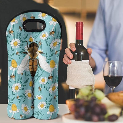 doginthehole Double Wine Gift Bags Bee Print Wine Bottle Bag Reusable Wine Bottle Cover Champagne Carrier Bag Portable Wine Carrying Bag for Party Holiday Home Dining Table Decoration