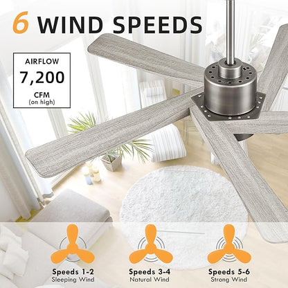 WINGBO 64" ABS DC Ceiling Fan with Lights, 5 Blade ABS Wood Grain Ceiling Fan with Remote, 6-Speed Reversible DC Motor, LED Ceiling Fan for Kitchen Bedroom Living Room, Antique Nickel and Grey