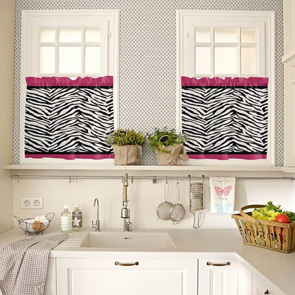 Vandarllin Kitchen Curtains and Valances Set,Animal Zebra Print Window Treatments Tiers Black White Pink Semi Sheer Half/Short Curtains for Small Windows Cafe/Living Room/Bedroom 54x24 in, 3-Piece