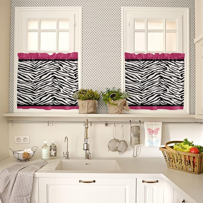 Vandarllin Kitchen Curtains and Valances Set,Animal Zebra Print Window Treatments Tiers Black White Pink Semi Sheer Half/Short Curtains for Small Windows Cafe/Living Room/Bedroom 54x36 in, 3-Piece