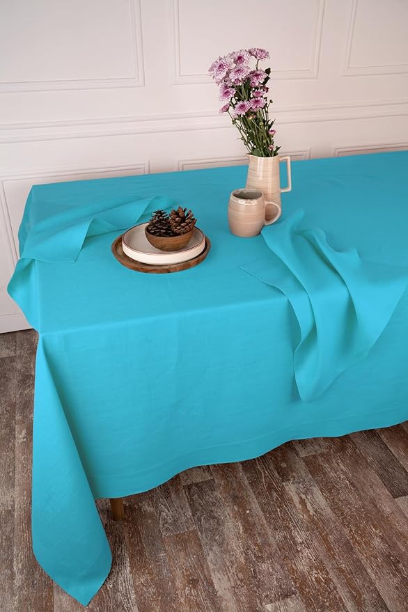 D'Moksha Homes Linen Tablecloth 60 x 126 Inch - 100% Pure Linen Cyan Blue Tablecloth - Machine Washable Dining Tablecloth for Rectangle Tables