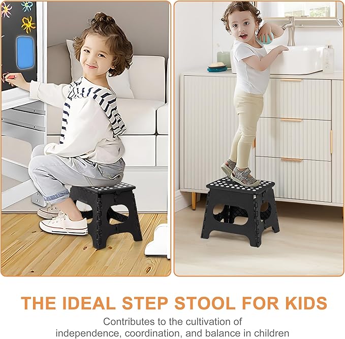 VECELO Folding Step Stool 11 Inch, Non-Slip Surface Portable Foldable 1 Step Stool with Carry Handle, Heavy Duty to Support Kids/Toddler/Adults for Living Room, Kitchen, Bathroom, Black