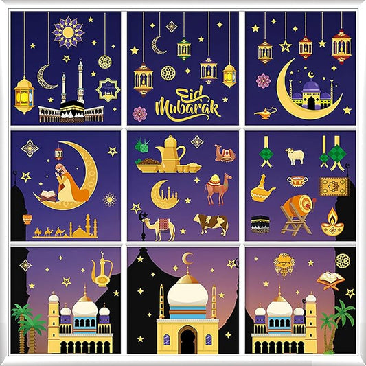 Totelux Eid Mubarak Decorations Ramadan Window Clings Ramadan Mubarak Window Stickers Muslim Moon Star Window Decals for Glass Window Home Office Holiday Eid Al-fitr Party Supplies 9Sheets