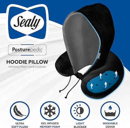 Sealy, Infused-Gel Hooded Travel Pillow with Airflow Memory Foam, Tailored Just for You with Contoured Support, The Ultimate Rest for Flights, Rides, and Your Home, Blocks Cold Drafts, Black