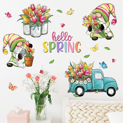 Mfault Hello Spring Gnome Wall Decals Stickers, Tulip Flower Teal Truck Mason Jar Decorations Bedroom Art, Bloom Floral Butterfly Pot Seasonal Home Kitchen Decor Party Supplies