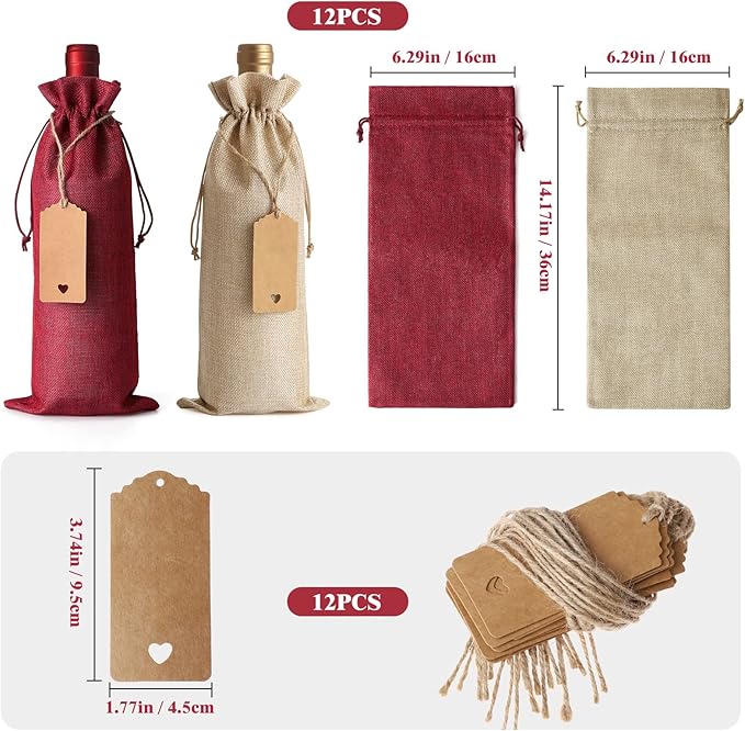 Premium Burlap Wine Bags, 12PCS Wine Bottle Gift Bags with Drawstring, Tags and Ropes, Reusable Wine Gift Bags for Wedding, Birthday, Blind Tastings, Christmas, Hallowen, Travel, Party, Home Storage