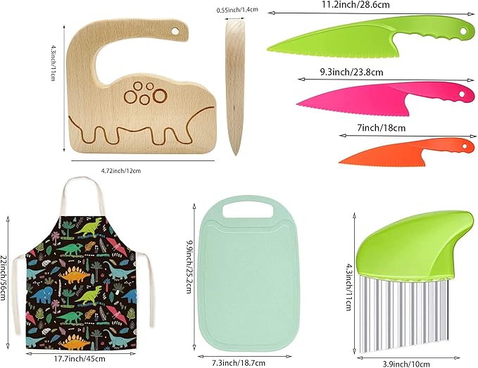 7 Piece Wooden Kids Kitchen Knife Set Children's Cooking Safety Plastic Knife Potato Wavy Chopper Cutter Kids Fruit Baking Knife Toddler Kitchen Tools Kids Apron, Children's Day Gift