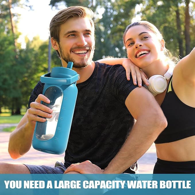 BLUEGO 64oz Glass Water Bottles with 2 Lids Flip Lid and Spout Lid Half Gallon Water Bottle with Straw 2L Large Water Bottle with Time and Capacity Markers for Gym Home Office Leak-proof, Blue