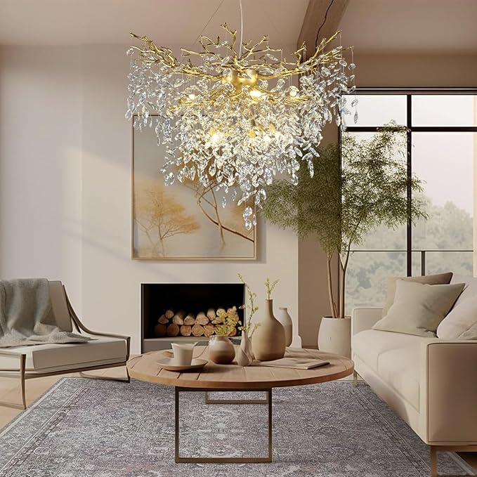 40 inch Crystal Chandelier for Dining Room, Round Gold Tree Branches Chandeliers, Top K9 Crystal Chandelier, Modern Chandeliers for Kitchen,Foyer Entryway,Luxury Adjustable Hanging Chandelier