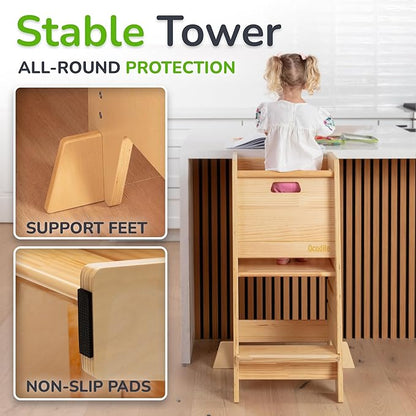 Toddler Tower with a Sliding Door and 3 Adjustable Heights - Complete Toddler Kitchen Stool Helper with Support Feet - Safe Design for 18+ Months to 6-Year-Old Kids - Varnished