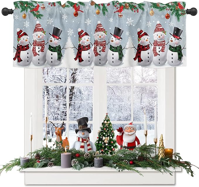 Vandarllin Christmas Valance Kitchen Curtains for Windows, Snowman Cardinal Rod Pocket Valances Window Treatments Bluish Grey Winter Holiday Short Curtains for Bedroom/Living Room, 54" X 18" -1 Panel