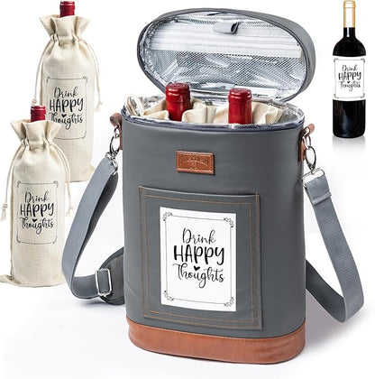 2 Bottle Wine Cooler Bags, Insulated Wine Bag with 2 Wine Drawstring Bag and 2 Wine Labels for Bottles, Wine Carrier Bag,Wine Accessories for Wine Lovers, Wine Travel Bag, Drink Happy Thoughts