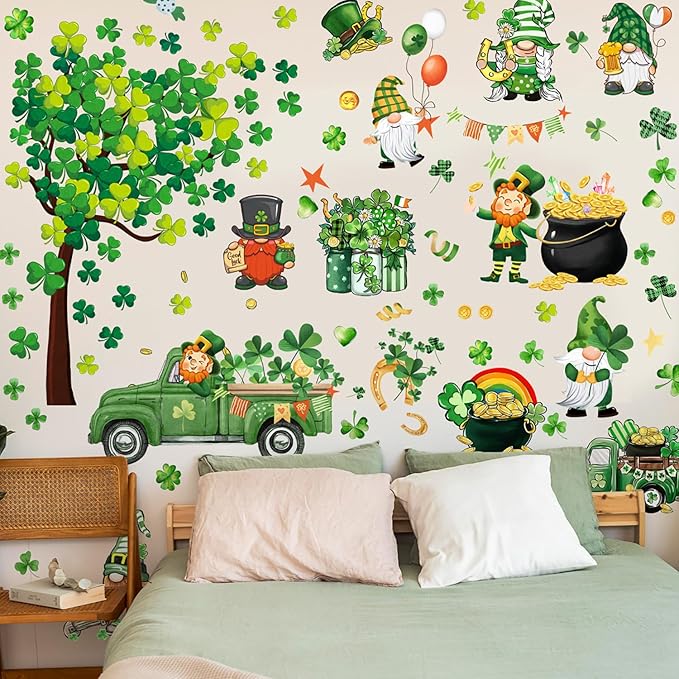 St. Patrick's Day Wall Decals Stickers Green Truck Shamrock St. Patricks Day Window Clings Lucky Clover Golden Coins Irish Spring Holiday Home Kitchen School Office Decor Party Supplies Decoration