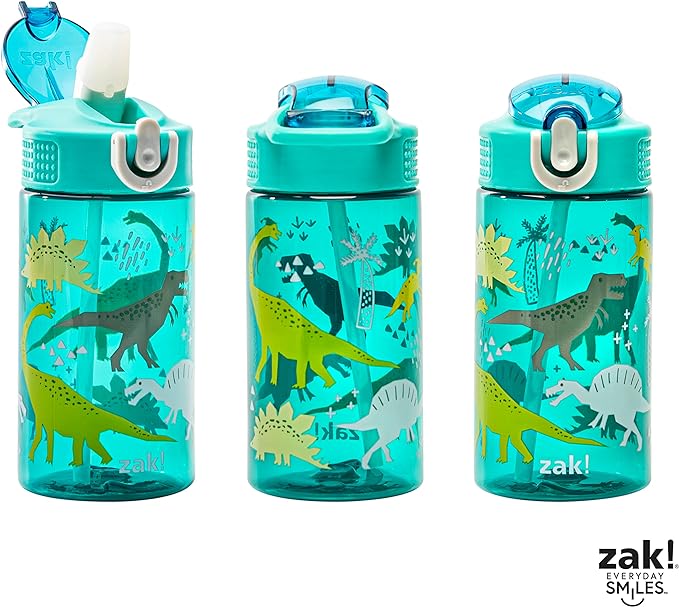 Zak Designs Kids Water Bottle For School or Travel, 16oz Durable Plastic Water Bottle With Straw, Handle, and Leak-Proof, Pop-Up Spout Cover (Dinosaur)