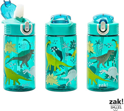 Zak Designs Kids Water Bottle For School or Travel, 16oz Durable Plastic Water Bottle With Straw, Handle, and Leak-Proof, Pop-Up Spout Cover (Dinosaur)