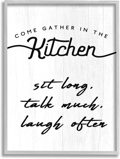 Stupell Industries Kitchen Gathering Sign Minimal Sit Talk Laugh Phrase, Designed by Daphne Polselli Gray Framed Wall Art, 11 x 14, Off- White